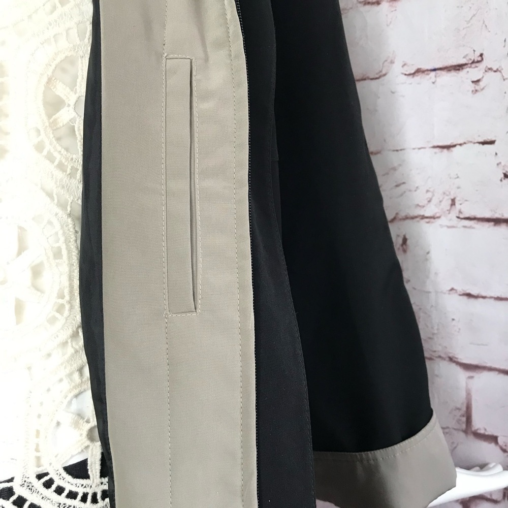 GALLERY Black & Taupe Trench Coat Raincoat detach Hood Size Medium 37” Length - Picture 12 of 16